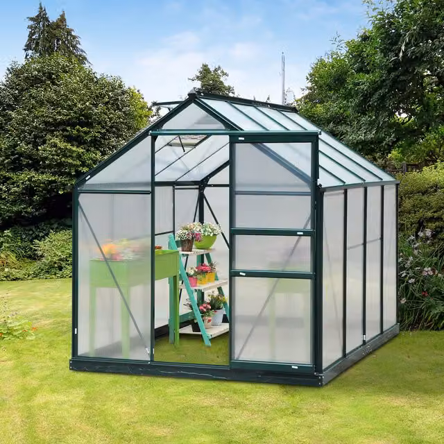 Outsunny Walk-In Polycarbonate Greenhouse with Green Aluminium Frame