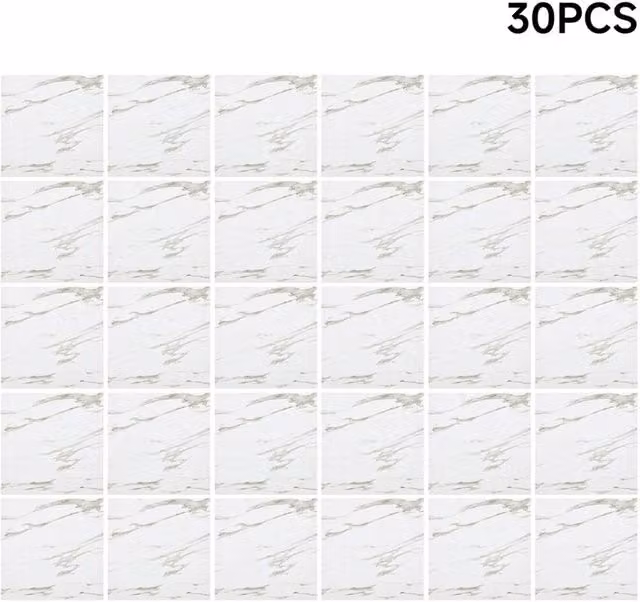SPETLEK Self Adhesive Marble White PVC Vinyl Flooring Stick Tiles, 30 Pieces, W: 52 cm, L: 1000 cm
