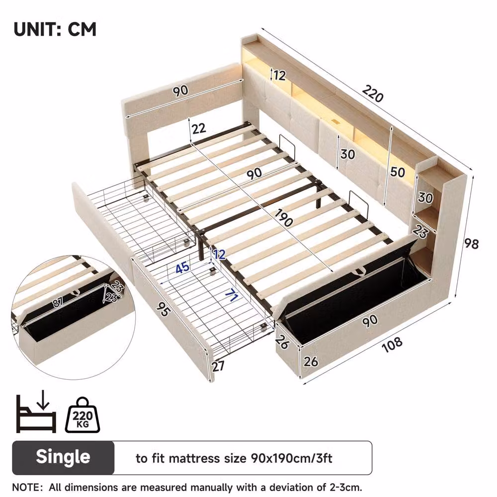 ModernLuxe Single Daybed in Beige with LED Lighting, USB Charging Port and Ottoman Storage Bench, W/D/H: 90 x 190 cm – 4