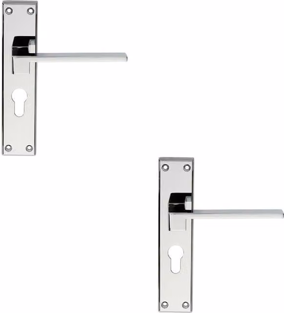 Loops 2x Pair Flat Straight Lever Euro Backplate Door Handles in Polished Chrome, W: 180 mm x H: 40 mm