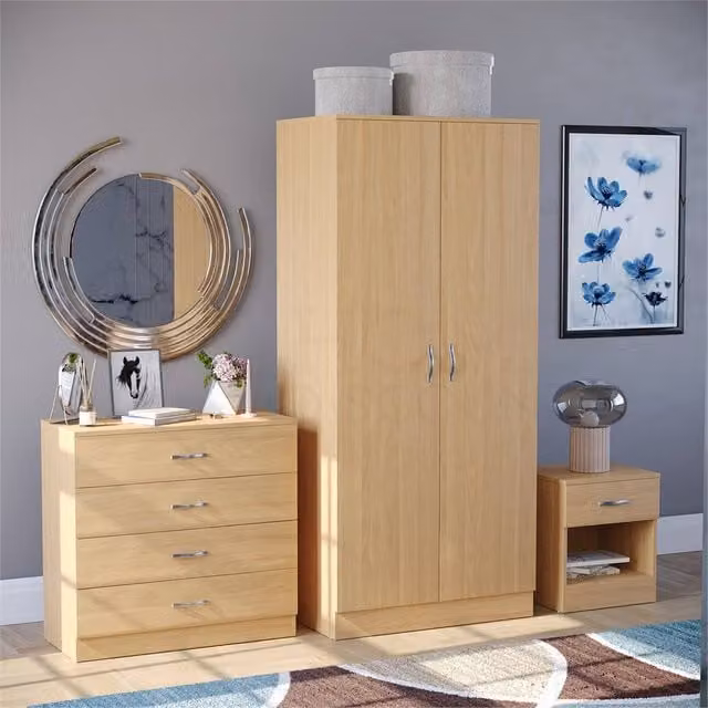 Nordara Pine 3-Piece Modern Bedroom Furniture Set in Brown with Wardrobe, Chest of Drawers and Nightstand – 1