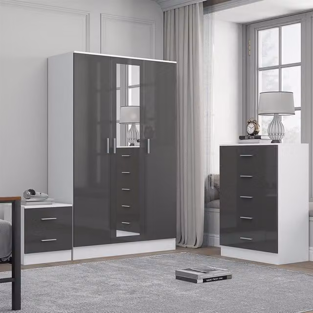 REFLECT Bedroom Furniture Bundle featuring 3-Door Mirror Wardrobe, Chest of Drawers and Bedside Table in Grey Gloss and Matt White