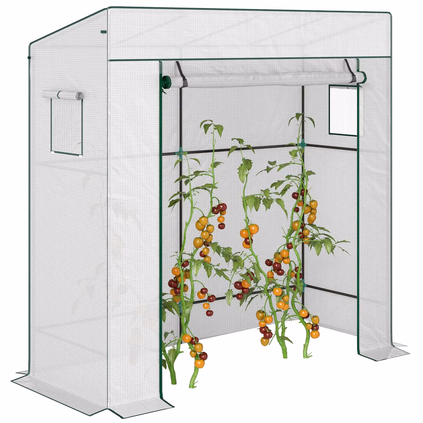 OUTSUNNY White and Green Garden Greenhouse with Large Roll-up Door and 2 Mesh Windows, W/D/H: 140 x 140 x 197 cm – 2