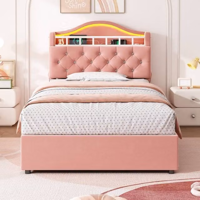 Merax Pink Velvet Upholstered Single Hydraulic Storage Bed with LED Lighting and USB Charging Station, W/D/H: 90 x 190 cm – 1