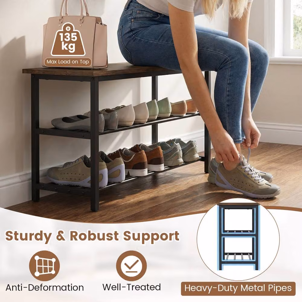 Costway 3-Tier Shoe Storage Bench and Freestanding Boot Organiser in Brown – 5