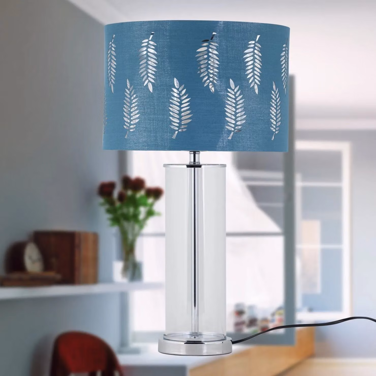 First Choice Lighting Aura Chrome Table Lamp with Teal Fern Cut Out Silver Inner Shade – 5