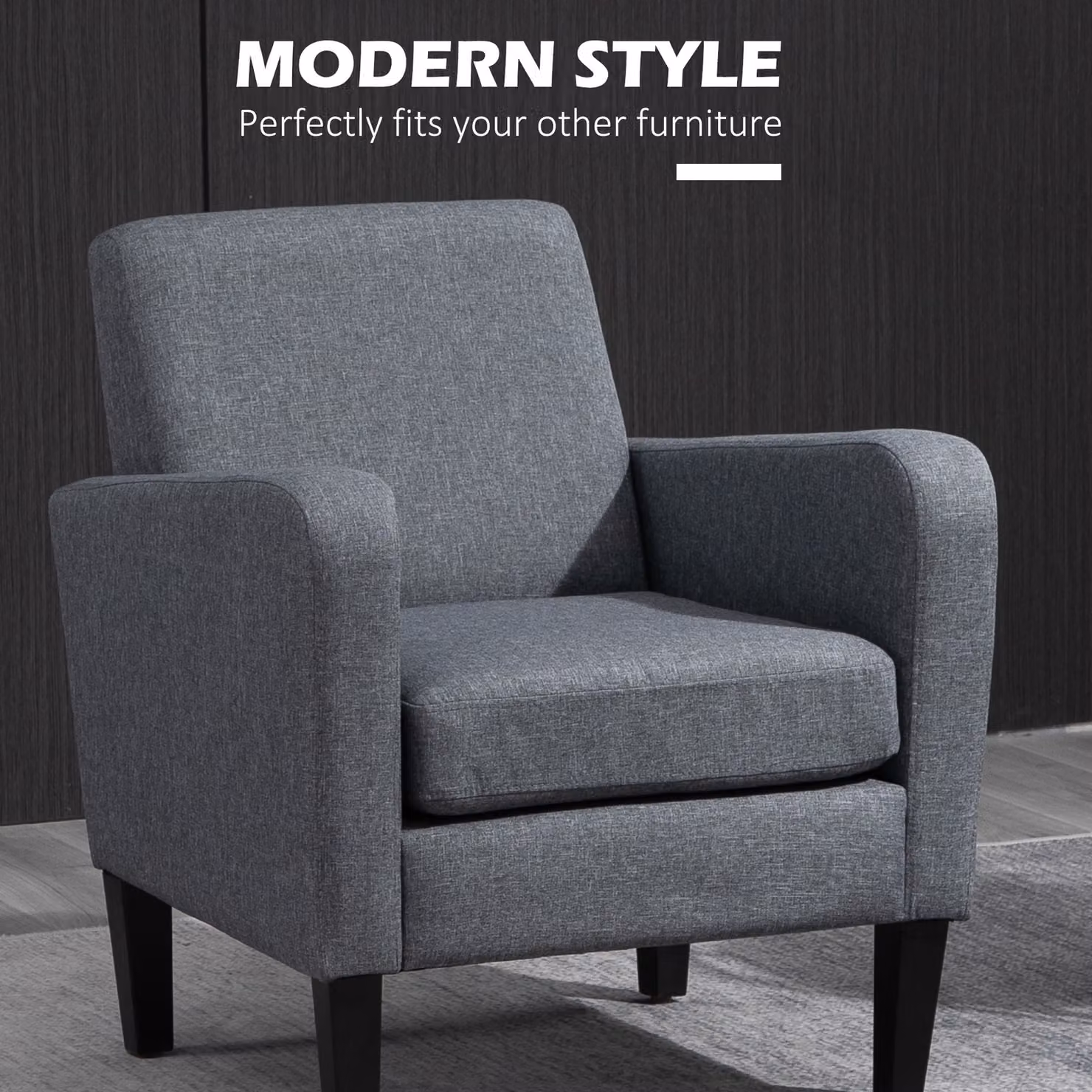 HOMCOM Modern Grey Fabric Armchair with Rubberwood Legs and Spring Core Support – 4