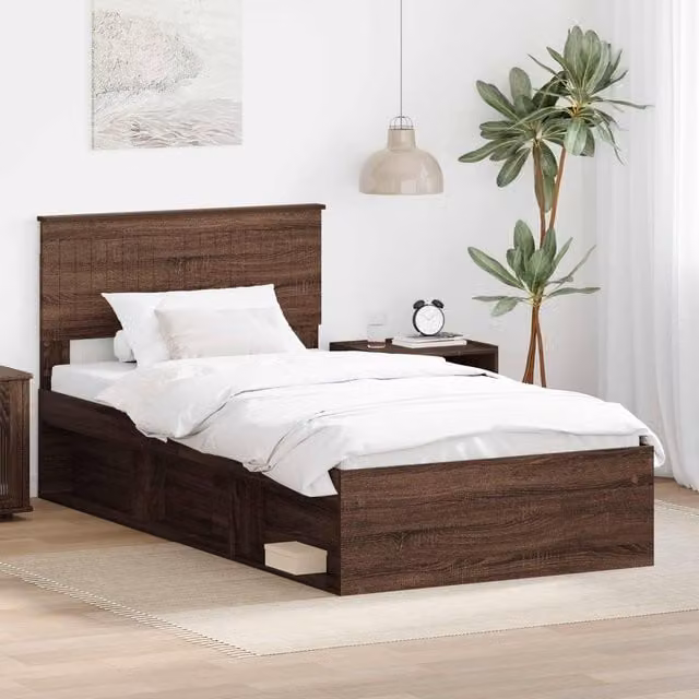 Berkfield Home Modern Bed Frame with Headboard in Brown Oak and Solid Pine Wood, W/D/H: 100 x 200 cm – 1