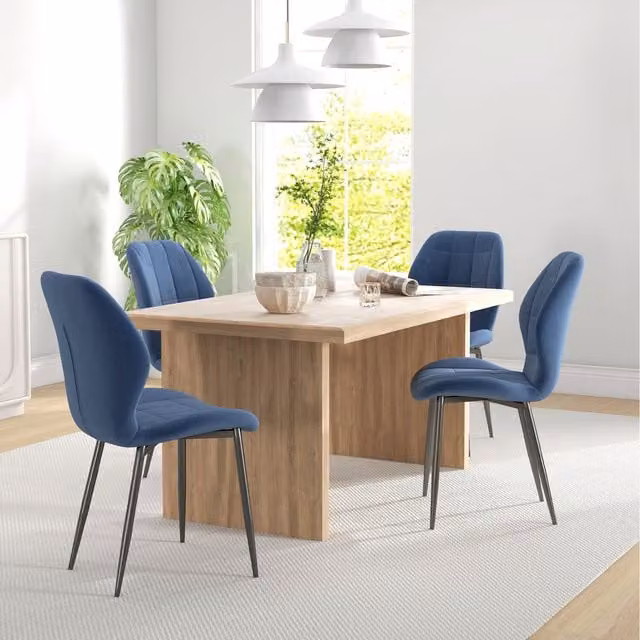 HOMCOM Set of 4 Modern Kitchen and Dining Room Chairs in Blue with Fabric and Synthetic Leather Upholstery and Metal Legs