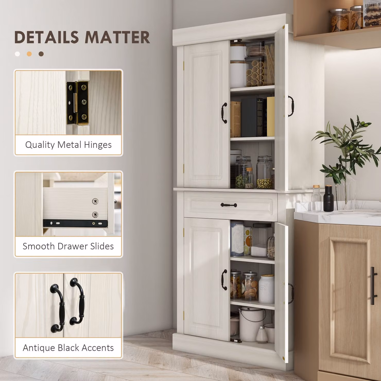HOMCOM Freestanding Tall Kitchen Cupboard with 4 Doors and Internal Drawers in White and Black, H 180 x W 80 x D 50 cm – 4