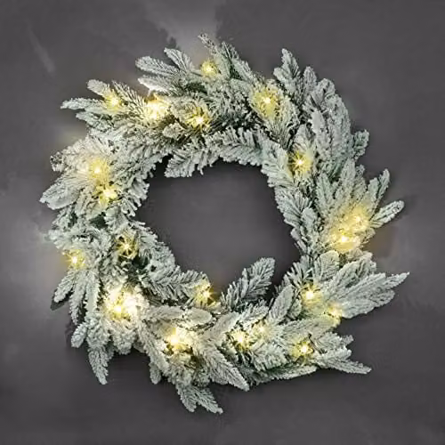 Shatchi Lapland Fir Pre-Lit Christmas Wreath in Green, White and Silver, Diameter: 55 cm