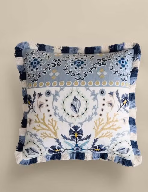 M&S Blue Multicolour Pure Cotton Square Coastal Floral Embroidered Cushion
