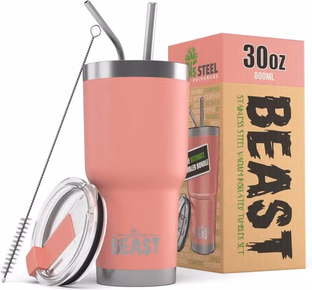 Green Steel Double Walled Stainless Steel Coffee Travel Mug with Lid, Pink, 887.2 ml