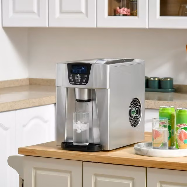 HOMCOM Silver Ice Maker Machine and Water Dispenser with 3L Tank and Digital Display – 1