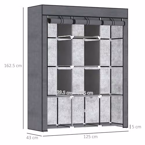 HOMCOM Fabric Wardrobe with Hanging Rod and Internal Shelves, Grey, W/D/H: 125 x 43 x 162.5 cm – 6