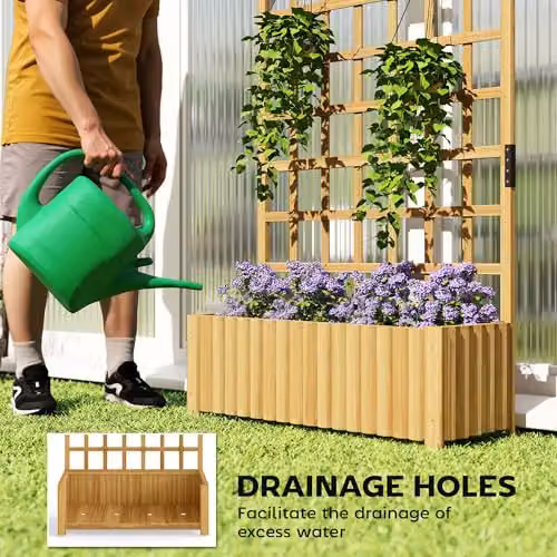 Outsunny Wooden Raised Planter with Lattice Trellis for Climbing Plants, Brown/Beige, H 180 x W 90 x D 30 cm – 3