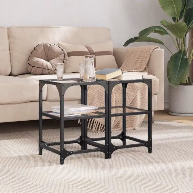 Berkfield Home Set of 2 Square Coffee Tables with Transparent Glass Tops and Black Steel Frames, W/D/H: 30 x 30 x 45 cm