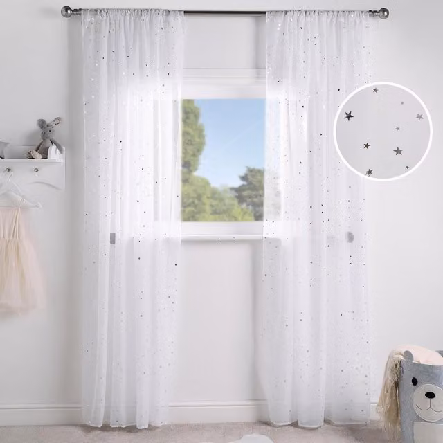 OHS White Metallic Star Voile Curtains with Rod Pocket