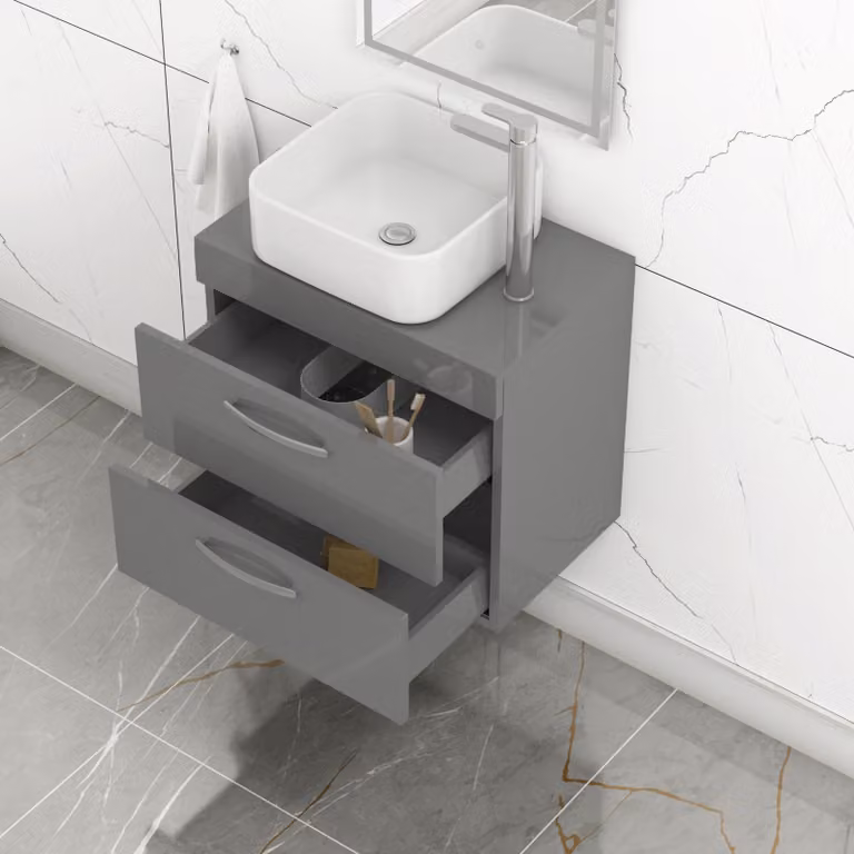 Royal Bathrooms 600mm Wall Hung Vanity Unit with 2 Drawers and Elena Countertop Basin in Indigo Grey Gloss