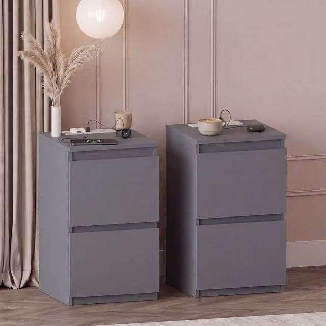 Vida Designs Denver 2 Drawer Bedside Chest with Power Outlet, Set of 2, Grey – 1