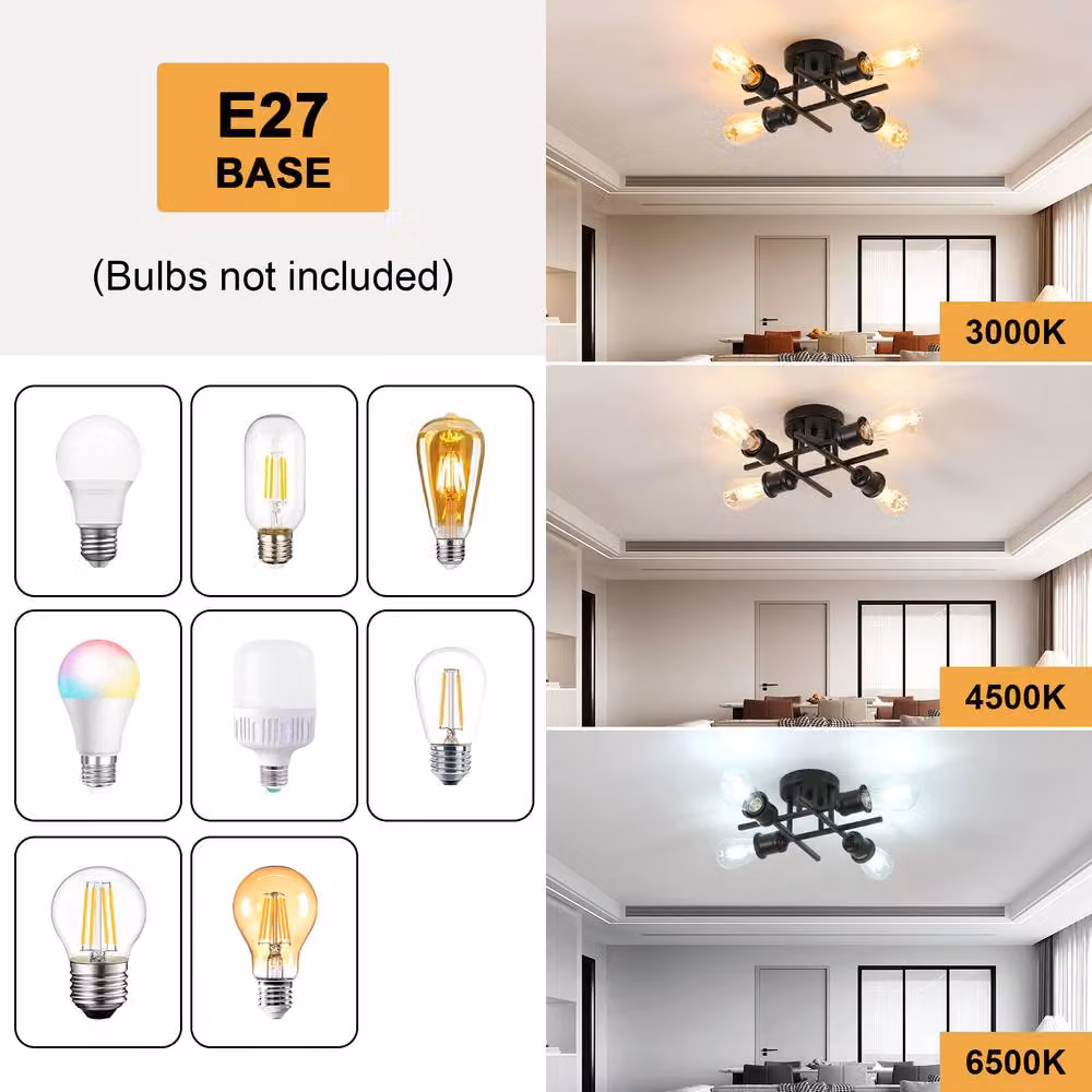 Goeco Vintage Industrial Ceiling Light in Black with 4 E27 Lamp Holders – 4