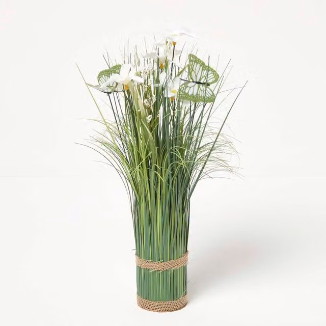 Homescapes Cream and White Artificial Meadow Flower Arrangement with Butterfly