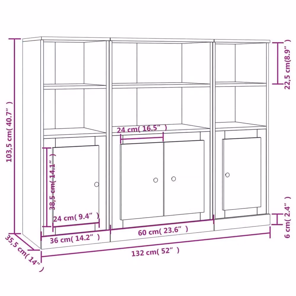 Berkfield Home Set of 3 Grey Sonoma Highboards in Engineered Wood with Hinged Doors and Internal Shelves, W/D/H: 103.5 x 35.5 x 35.5 cm – 3
