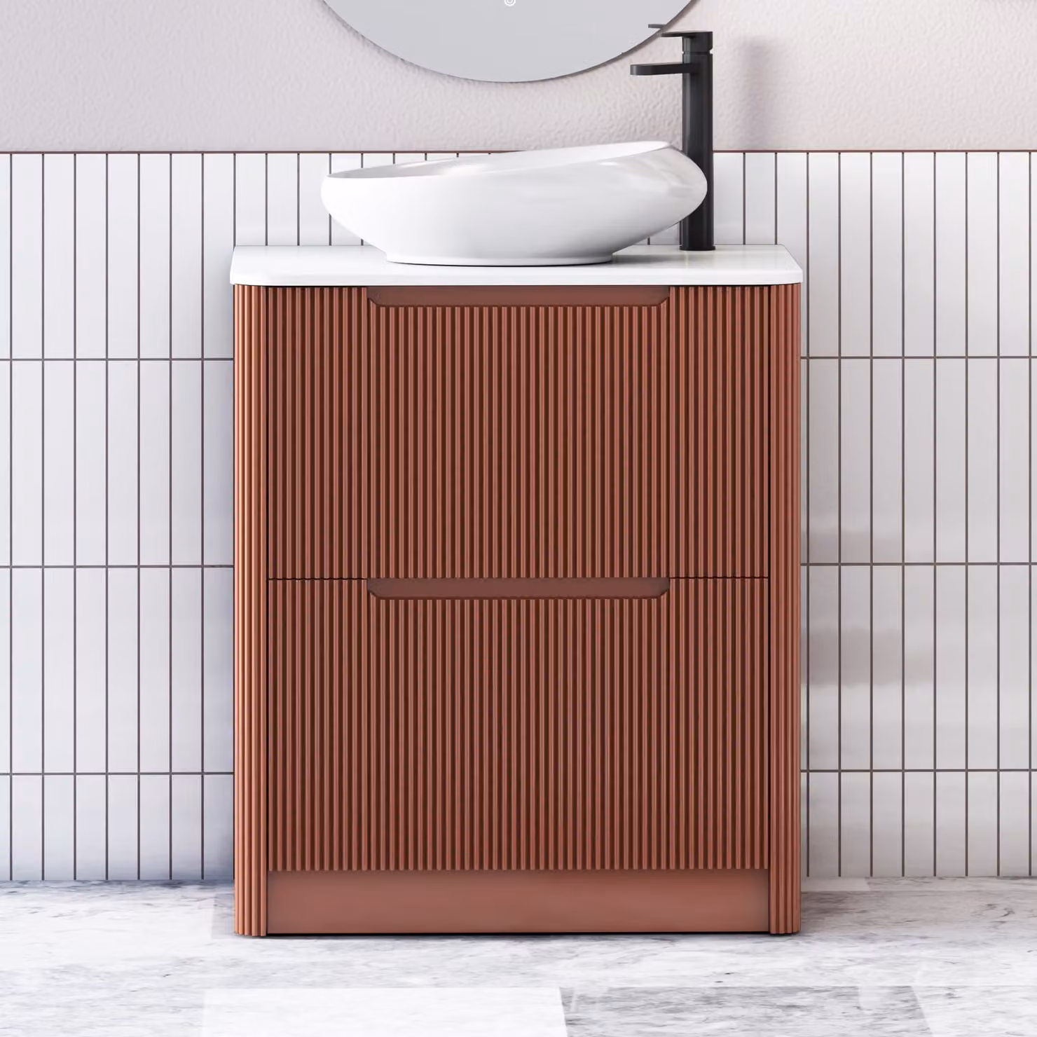 Royal Bathrooms Avenza 600mm Terracotta Clay Floor Standing 2 Drawer Vanity Unit with White Worktop and Nova Basin