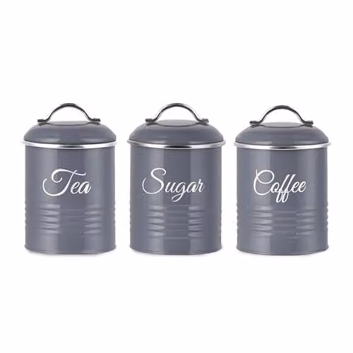 Innoteck Tea Coffee Sugar Canister Set of 3, Airtight Metal Kitchen Food Storage Tins in Dark Grey, 1.3 l Capacity – 1
