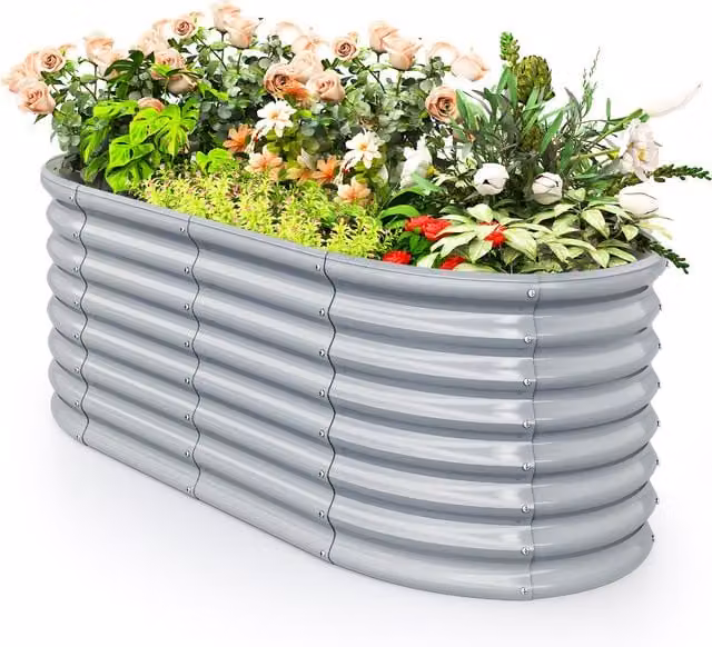 COSTWAY Round Metal Raised Garden Bed in Grey, W/D/H: 60 x 60 x 60 cm