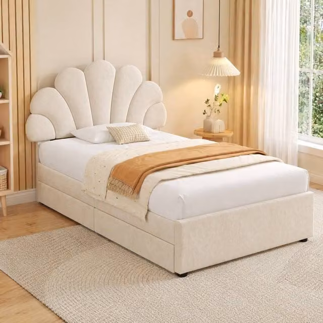 STILVORA Single Upholstered Velvet Bed with 2 Drawers in Beige, W/D/H: 90 x 190 cm