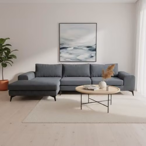 Abakus Direct Venice Modern L-Shaped Corner Sofa in Blue with Scatter Back Cushions and Solid Wood Frame, Left Hand Facing, W/D/H: 289 x 146 x 81 cm