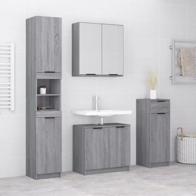 Berkfield Home 4 Piece Modern Grey Bathroom Cabinet Set with Hinged Doors and Internal Shelves