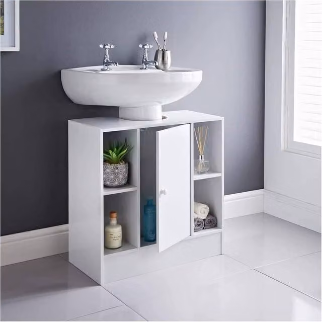 Spot On Dealz White Under Sink Bathroom Storage Cabinet, Freestanding MDF Floor Unit with Hinged Doors and Open Shelf, W/D/H: 60 x 30 x 60 cm – 1
