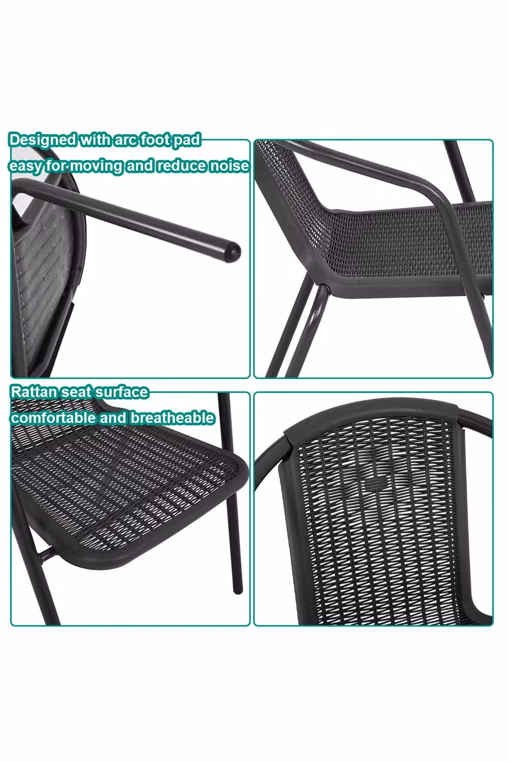 Living and Home Set of 2 Black Matt Rattan and Metal Stacking Outdoor Garden Chairs – 3