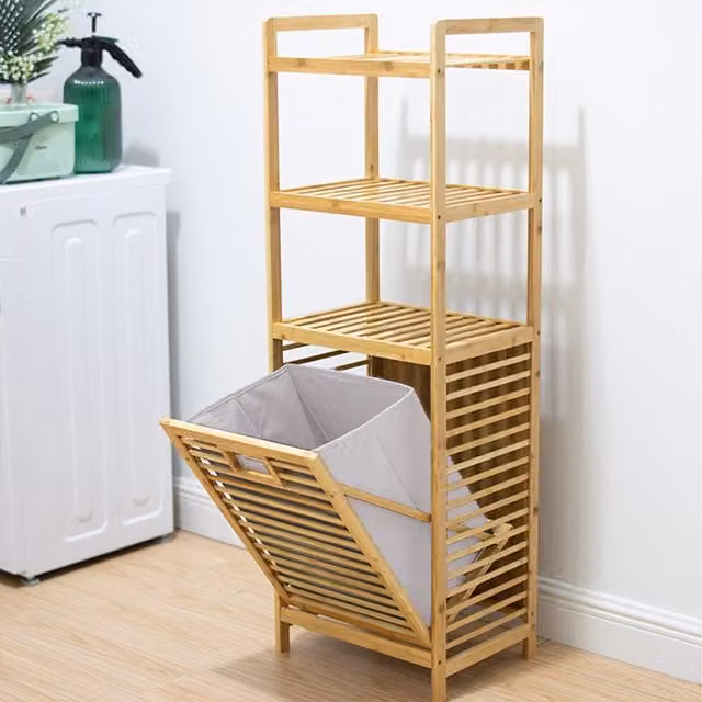 Komore Freestanding Laundry Basket with Cabinet and Shelves in Beige and Brown, Height: 119 cm