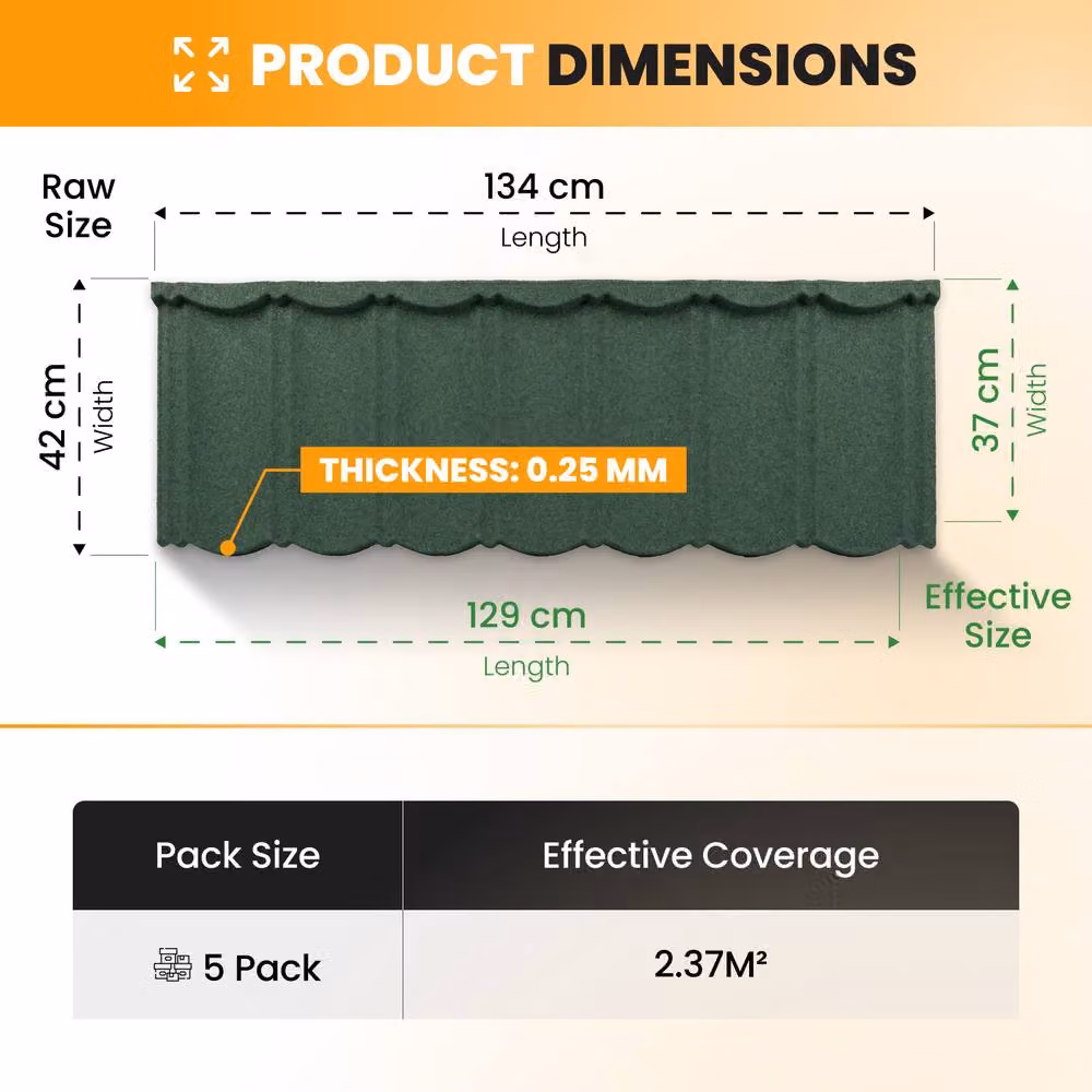 Novecrafto Stone Coated Galvanised Metal Roof Shingles, 5 Pack, Dark Green, Covers 2.37m² – 3