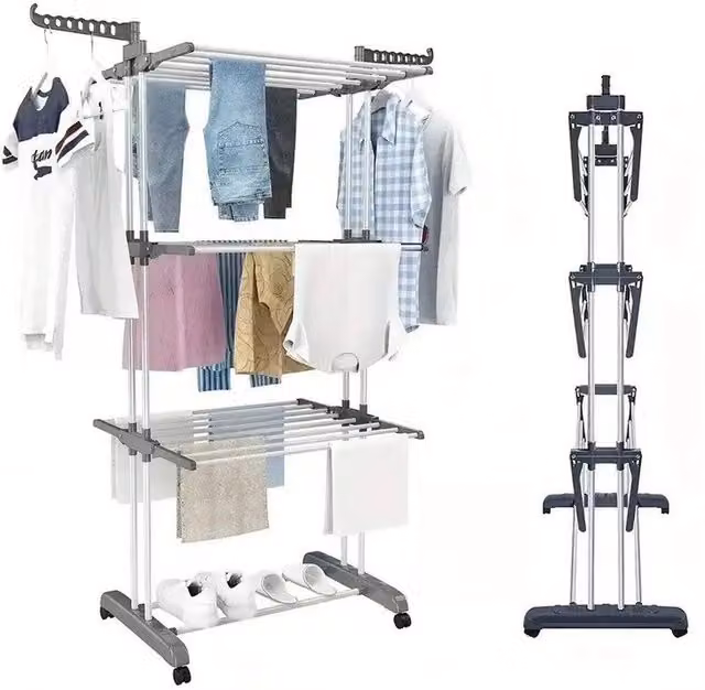 FORGEVIO 4 Tier Foldable Clothes Airer Rack in Silver – 1