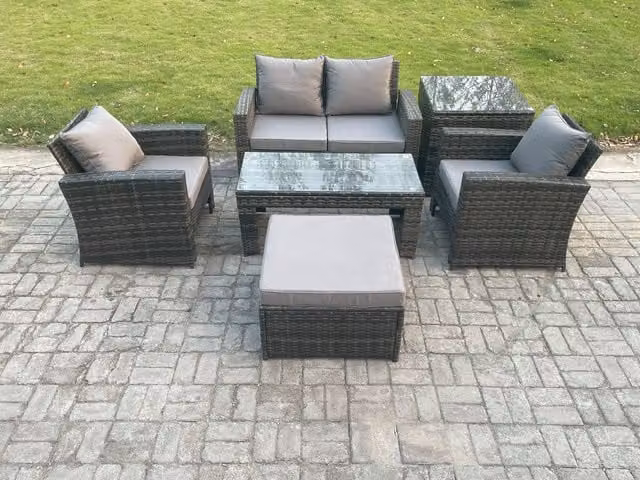 Fimous 5 Seater Rattan Garden Furniture Set in Dark Grey with L-Shape Sofa, Coffee Table and Ottoman