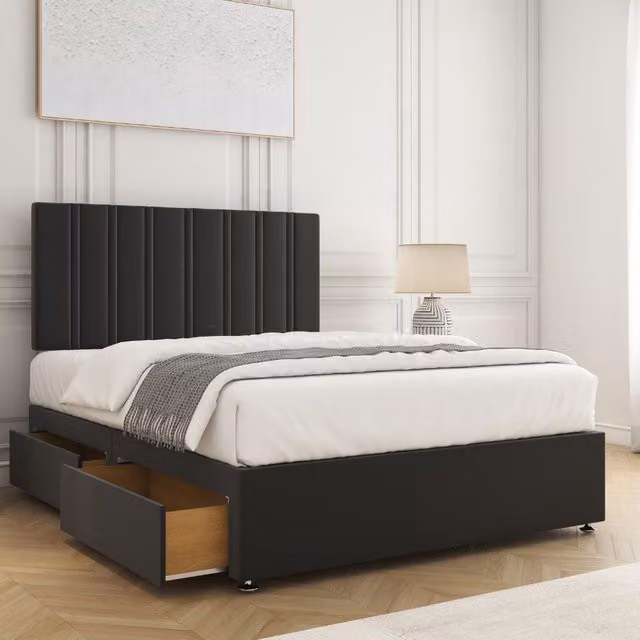 BSSPOKE Sienna Double Divan Bed Set with 24 inch Headboard, 2 Drawers, Footend and Mattress in Black Velvet – 1
