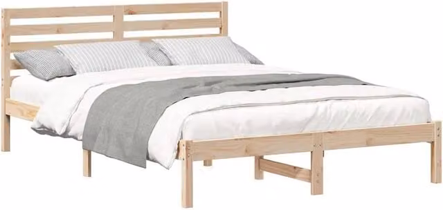 Berkfield Home Elegant Bed with Headboard in Brown and Beige Solid Pine Wood W: 140 cm, D: 220.5 cm