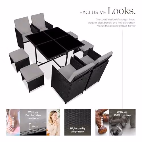 tectake Polyrattan Garden Furniture Set with Aluminium Base, Including 4 Dining Chairs, 1 Table and 4 Stools, Black/Grey – 5