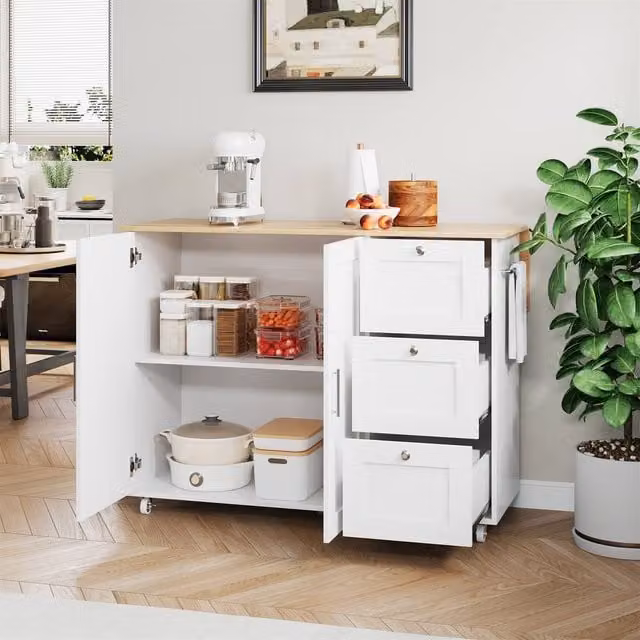 Merax Rolling Kitchen Island Trolley with Foldable Worktop and 3 Drawers, White – 1