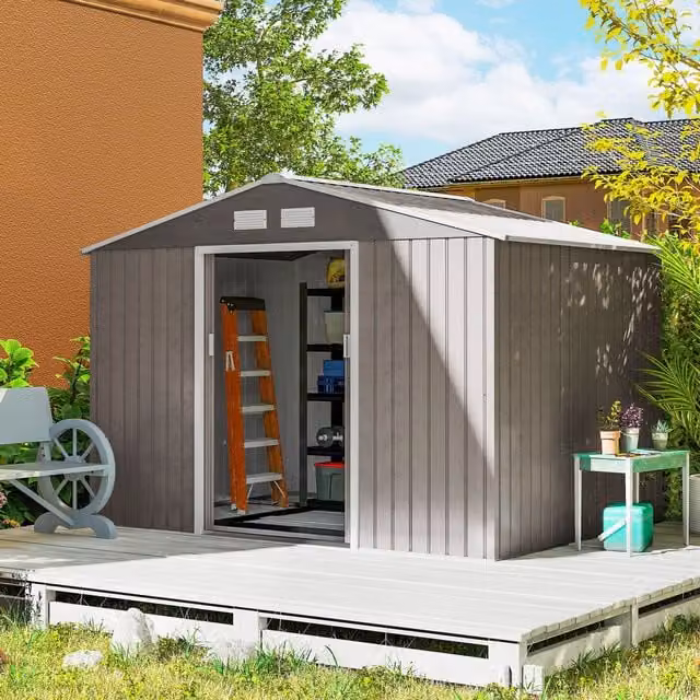 OUTSUNNY Galvanised Steel Garden Shed Storage Unit with Sliding Doors and Side Vent in Brown or Grey – 1