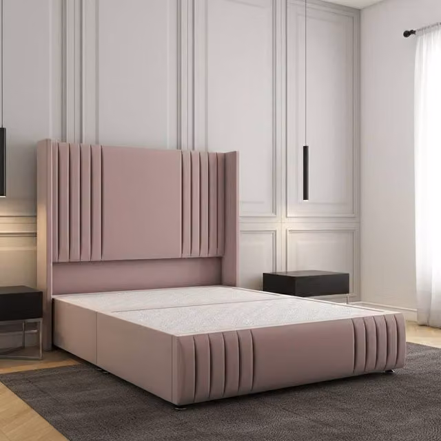 Regional Furnishings Small Double Divan Bed with 54 inch Plush Velvet Headboard and Footboard in Pink, W/D/H: 120 x 200 cm