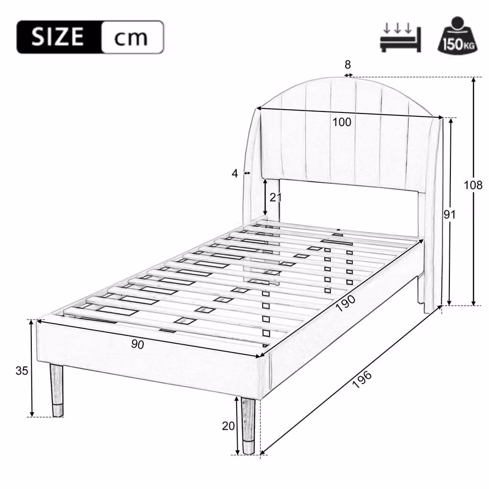 Matteo Pink Velvet Upholstered Single Bed with Slatted Frame and Headboard, W/D/H: 90 x 190 x 108 cm – 3