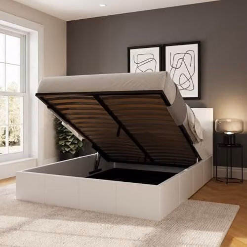 GFW White Upholstered Small Double Ottoman Bed Frame with Hydraulic Lift and Storage, W/D/H: 120 x 200 x 84 cm