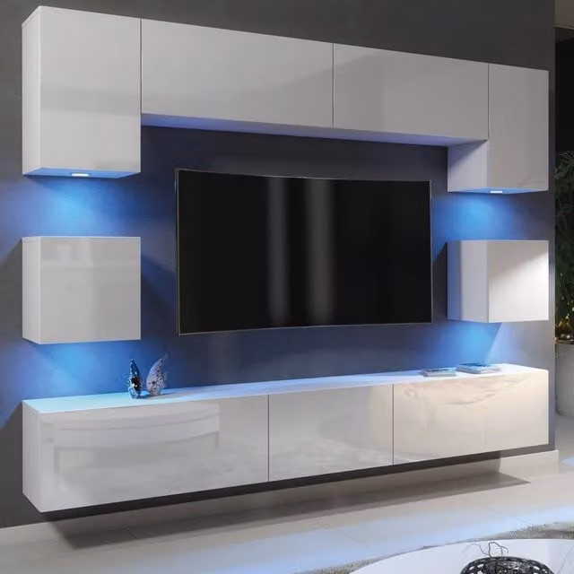 Mex Furniture LTD Panorama Wall Mounted TV Unit in White with Glossy Hinged Doors and Integrated LED Lighting (W: 242 cm, H: 35 cm, D: 40 cm) – 1