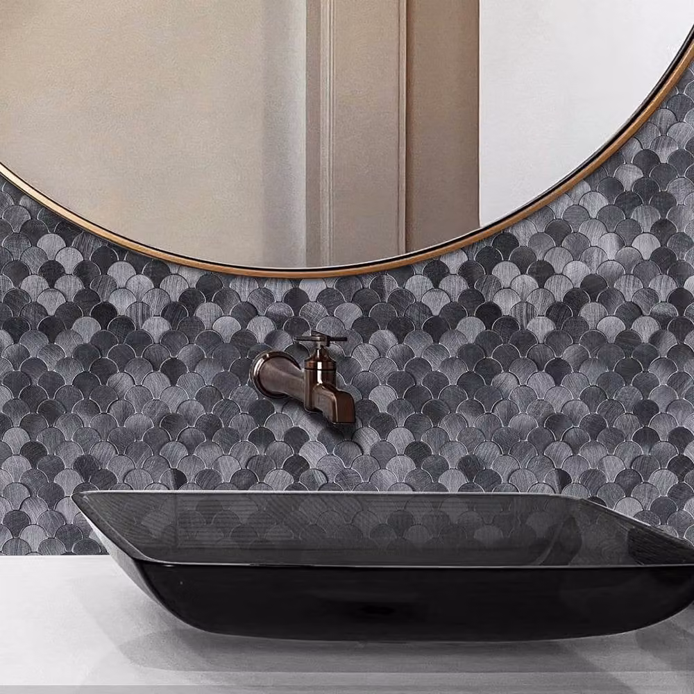 ENER-J Reflective Scallop Peel & Stick Aluminium Wall Tiles, Grey, W: 29.5 cm x H: 30.0 cm (Pack of 4) – 5