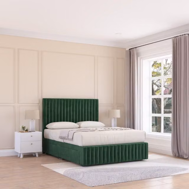 Sloomy Madison Plush Velvet Bed Set with 4 Drawers, Mattress and Headboard in Green, Size: 140 x 200 cm